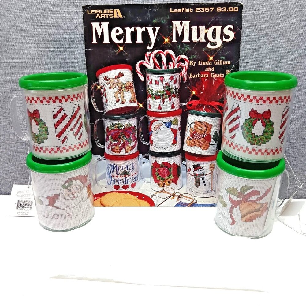 VTG Christmas Leisure Arts‎ Merry Mugs Cross Stitch Leaflet Pattern Kits Set